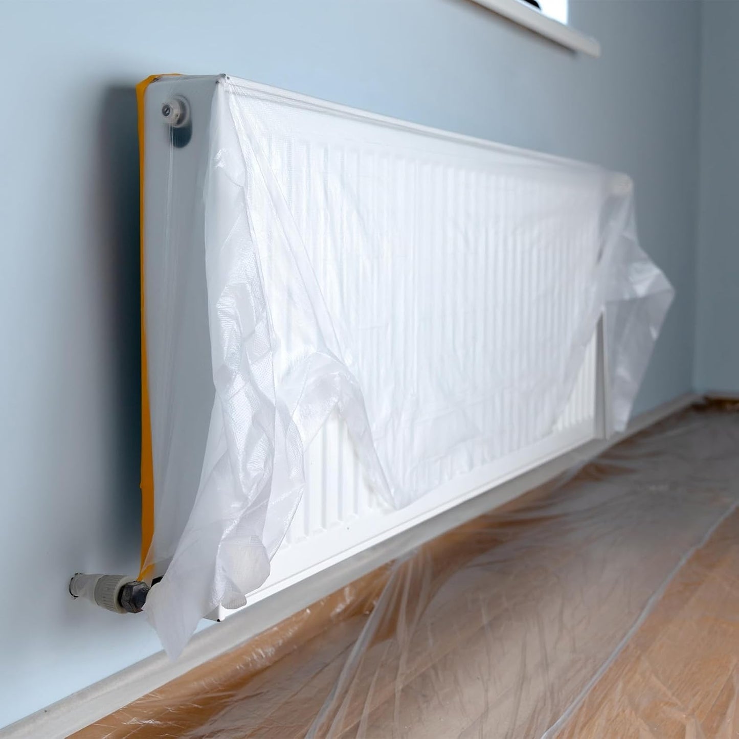 uxcell 2 Rolls Painters Plastic with Tape, 12 x 52 Ft Pre-Taped Masking Film Tape and Plastic Film Paint Plastic Covering Roll for Covering Skirting, Frames and Auto Body, Yellow/Clear