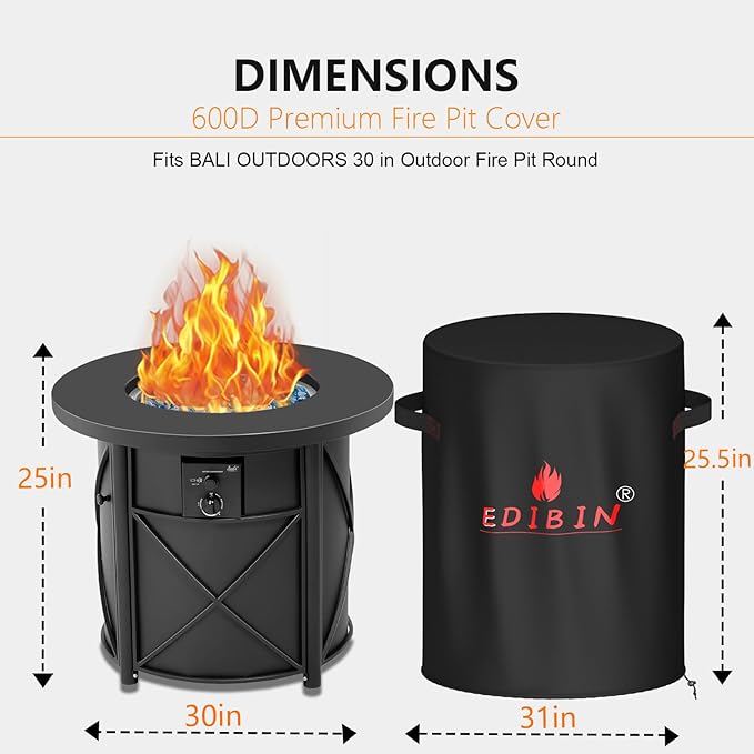 31 inch Round Fire Pit Cover for Bali Outdoors 30 in Round Fire Pit Table, 31" D x 25.5" H Waterproof Cover for Bali Outdoors 30inchFire Pit