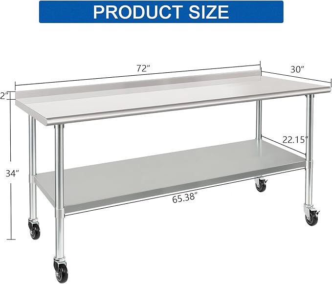 HARDURA Stainless Steel Table with Wheels 30X72 Inches NSF Heavy Duty Commercial Prep Table with 2” Backsplash and Adjustable Undershelf for Food Prep