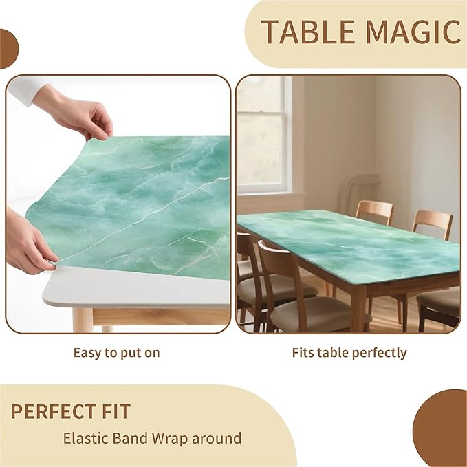 Rectangle Table Cloth Cover Waterproof Elastic Fitted Polyester Fitted Tablecloths for 6 Foot Tables for Indoor,Picnic, Camping, Outdoor （60" x 30"，Green Marble）