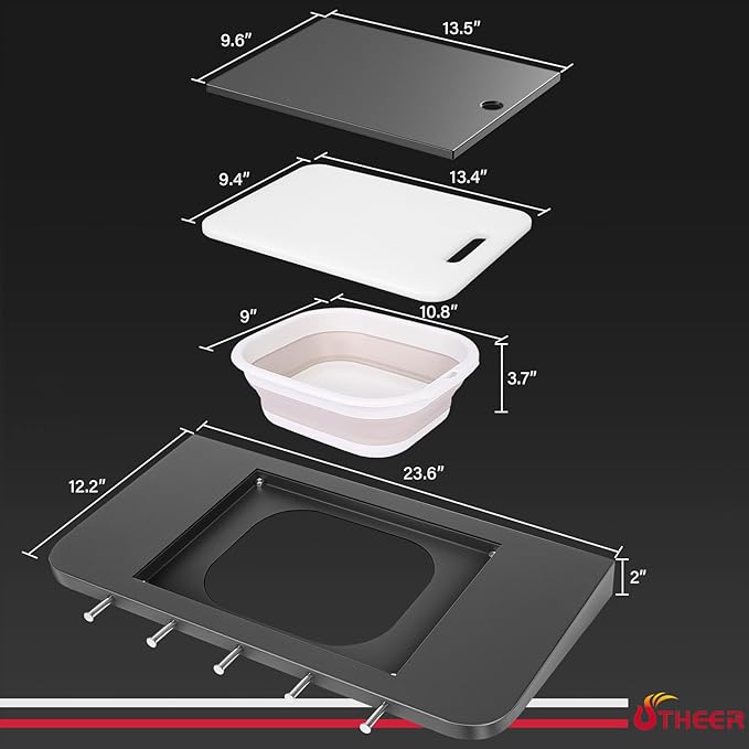 Front Folding Grill Shelf for Pit Boss 700DX, 700FB, 700FB2 & 800FB2, 23.6" × 12.2" Prep Station with Foldable Basin 4-Layer Steel Build, Cutting Board & 5 Hooks,Cover-Friendly Design (Not for 700FB1)