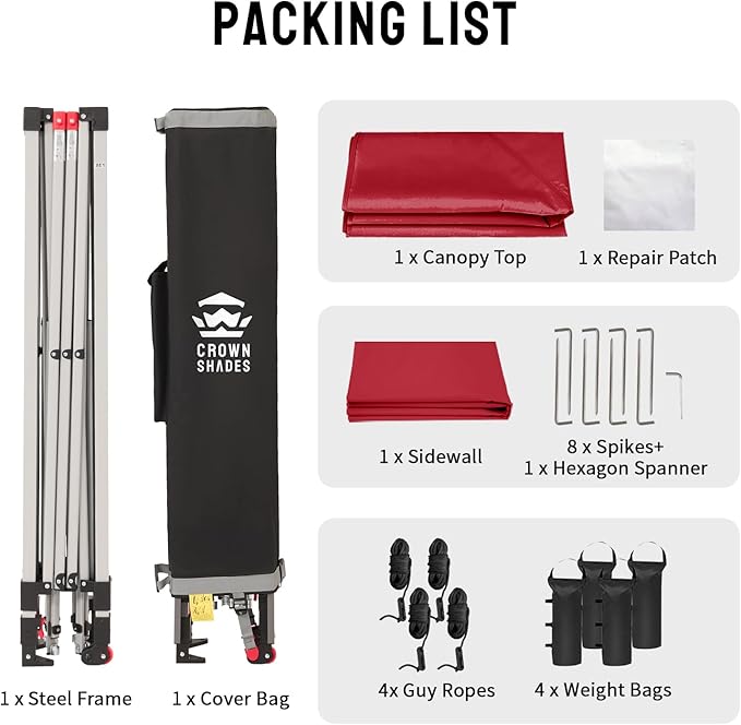 CROWN SHADES 12x12 Pop Up Canopy Tent Instant Commercial with 150D Silver Coated Fabric Including 1 Removable Sidewall, 4 Ropes, 8 Stakes, Weight Bags, STO 'N Go Bag, Red