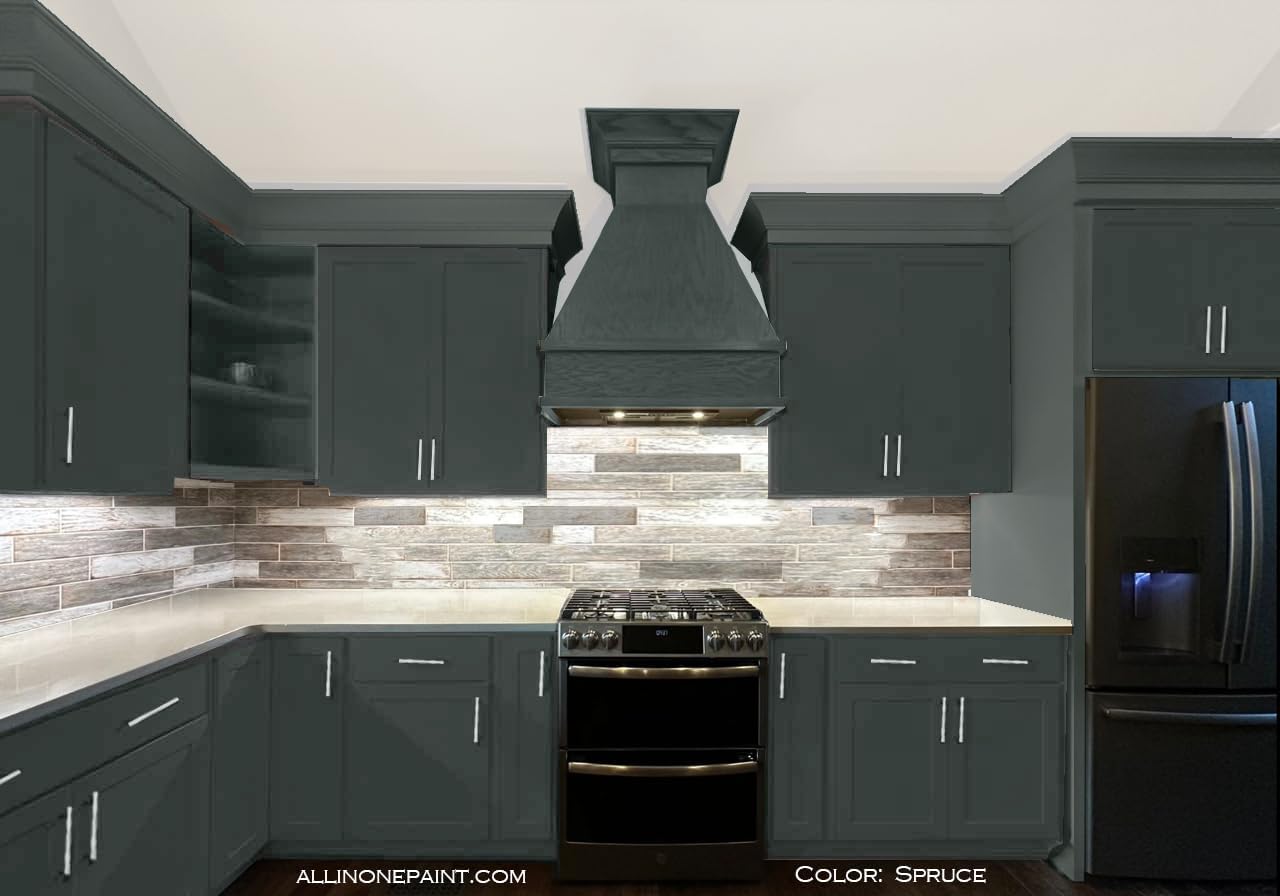 ALL-IN-ONE Paint, Durable cabinet and furniture paint. Built in primer and top coat, no sanding needed. Includes our 30 featured color card - Spruce (gray green with slight blue undertone), Quart