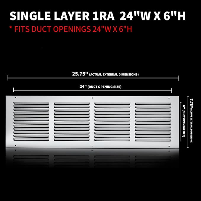 Return Air Grill 24x6(Duct Opening Size),Air Return Vent Cover,Flat Vent Cover,Rejillas De Aire Acondicionado para Casa,Return Air Grilles,Outer Dimensions:25.75"W X 7.75"H(24"W x 6"H, Duct Opening)