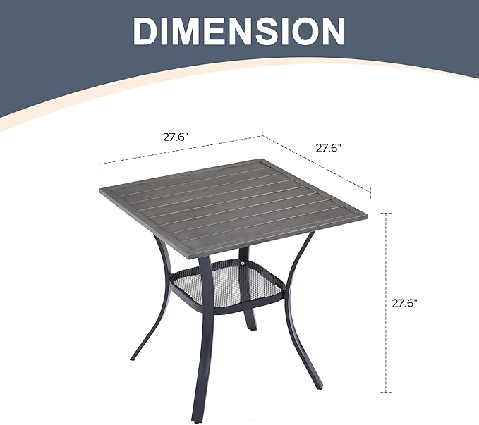 VICLLAX Patio Dining Table, Square Table Metal Outdoor Bistro Table with Rack for Balcony Garden Deck, 28inch Grey