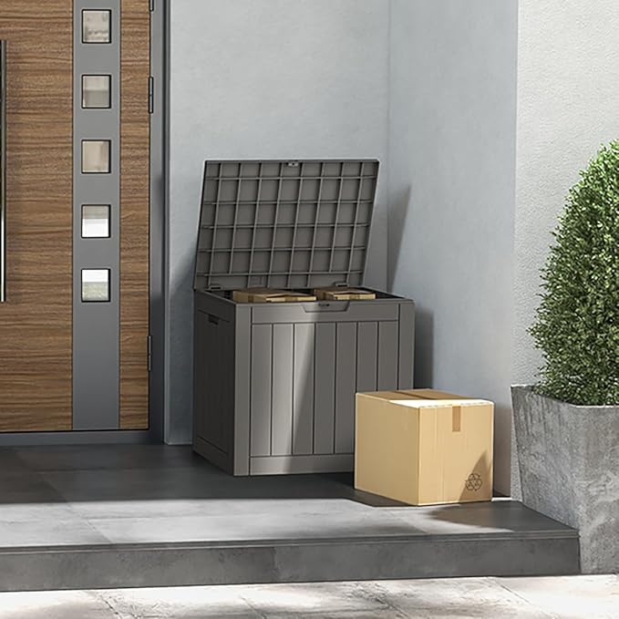 Mars Villa 31 Gallon Deck Box, Waterproof Weatherproof and UV Resistant Resin Storage Bin with Lockable Lid, Ideal for, Outdoor, Patio Furniture Cushions, Pool Supplies, Garden Tools, Greige