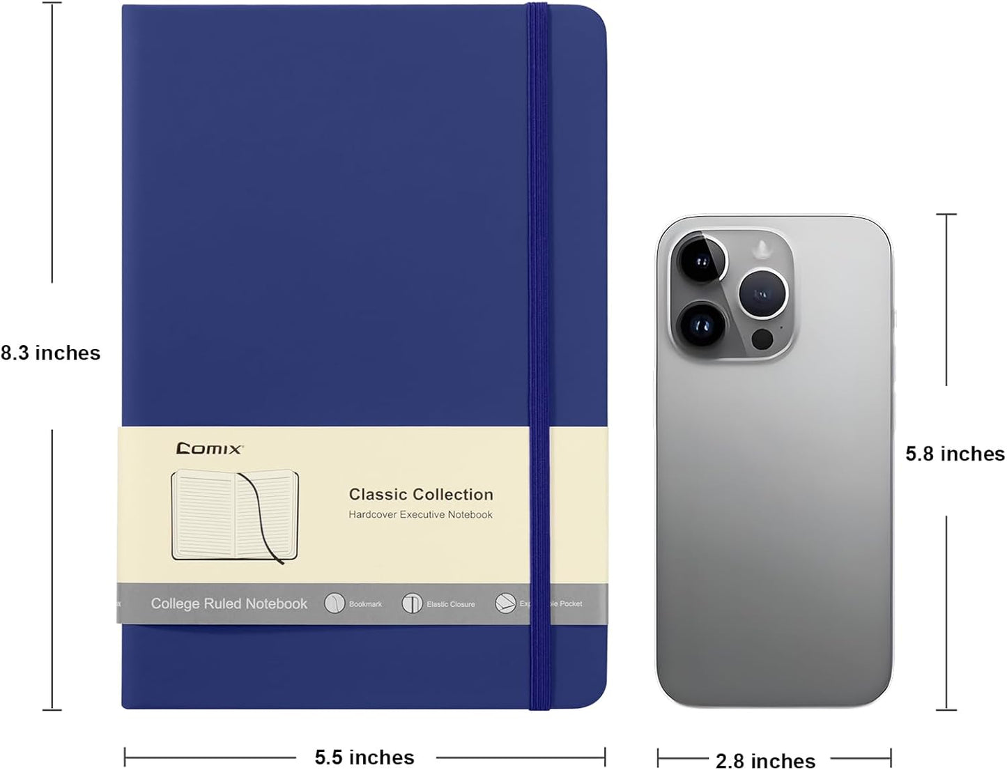 Comix Lined Journal Notebook for Women Men, Journaling Notebooks for Office School Home, 240 Pages, 5.5" x 8.3", College Ruled, A5, Hardcover, Navy Blue