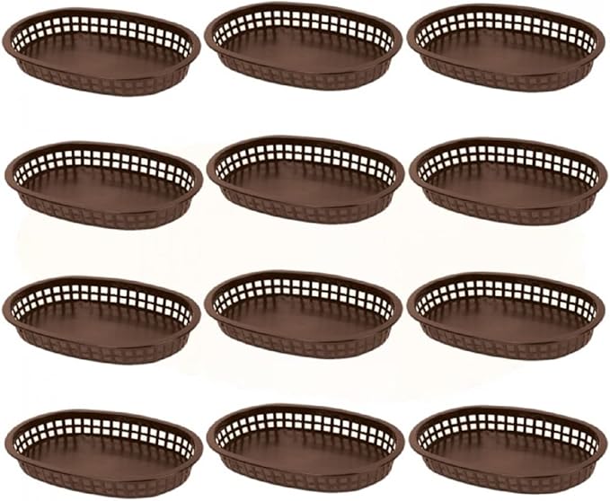 TrueCraftware- 10-3/4" Oblong Fast Food Basket Brown Plastic Set of 12- Fry Fast Food Reusable Foodservice Restaurant Diner Tray Plates Restaurant Deli Serving Chicken Burgers Sandwiches & Fries
