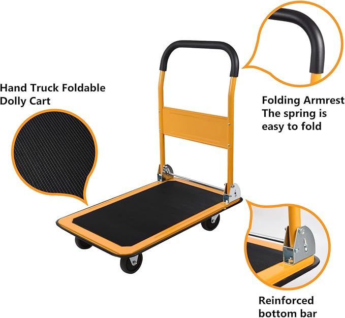 LEADALLWAY Foldable Push Cart Platform Cart 330lbs Capacity 4 Wheels 28.7x18.5x32.3inches Yellow with 2 Ropes Small Flatbed Cart