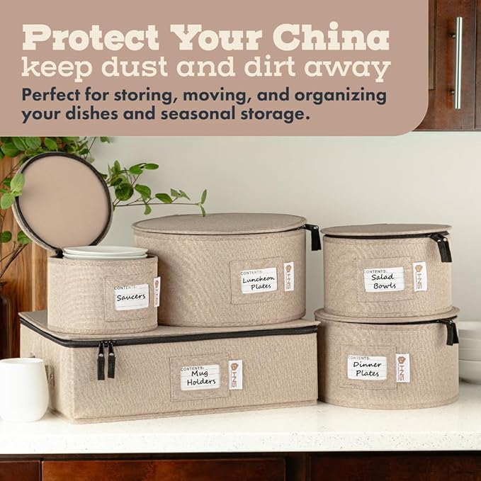 China Storage Hard Shell Containers 5-Piece Set Moving Boxes for Dinnerware, Glasses, Plates, Mugs and Saucers Sturdy Dish Organizer with Dividers for Seasonal Storage - Service for 12 - Brown