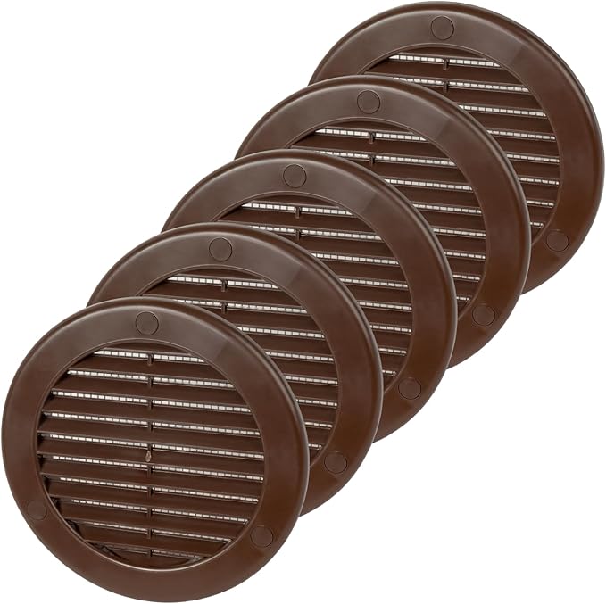 4 Inch [Opening] Brown Air Vent Cover – Pack of 5 – Plastic Round Air Vent Grill Cover for Wall or Ceiling, Built-in Mesh Screen/HVAC Return Air Register – Modern Louvered Design