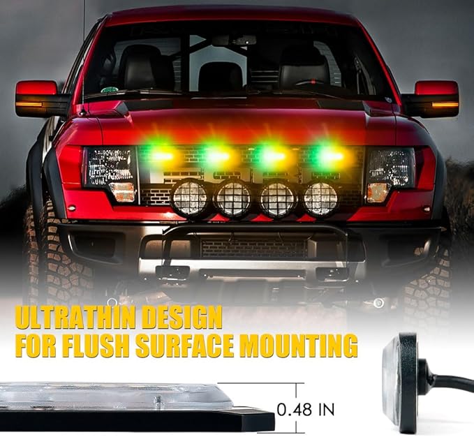 Xprite Amber Green LED Surface Mount Strobe Lights Kit, w/Control Panel Emergency Safety Warning Flashing Grille Cop Marker Light Assembly for Vehicles Trucks ATV UTV Motorcycle 4PCS