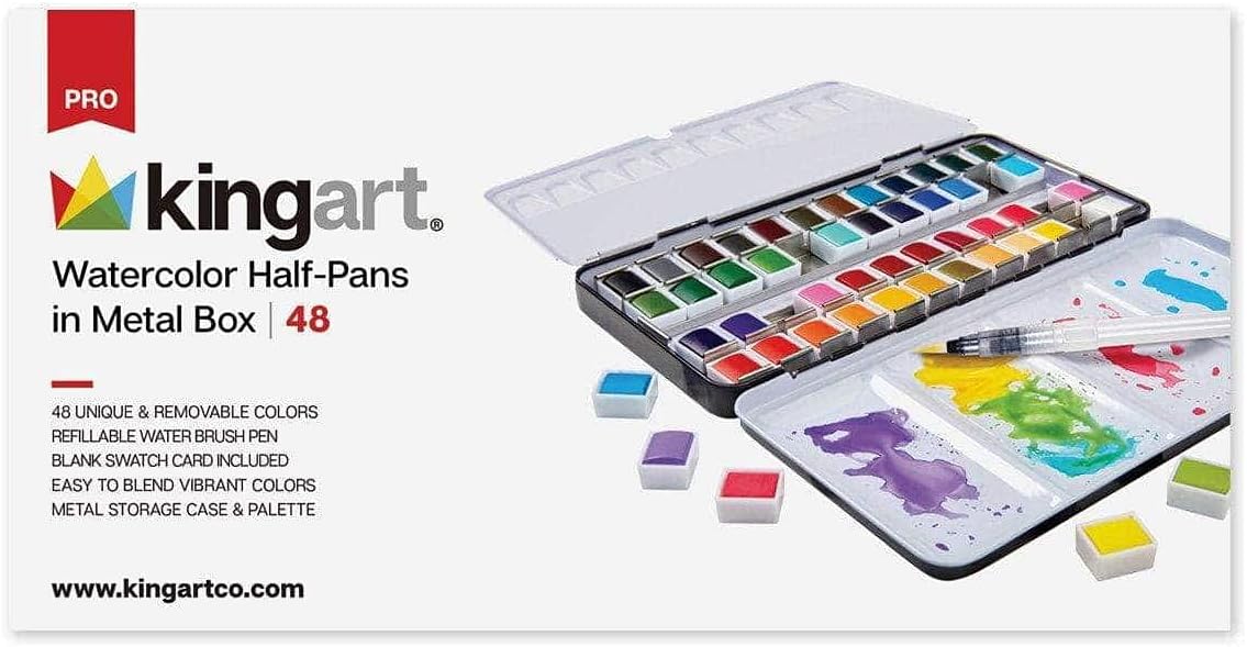 KINGART PRO Artist, Tin Box with Water Brush Watercolor Half-Pans, 48 Vibrant Colors Piece