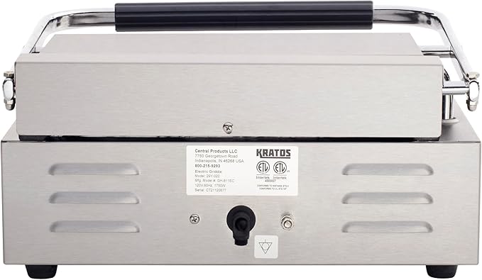 Kratos Commercial Electric Panini Sandwich Grill with Grooved Top and Smooth Bottom Plates, 14" x 9" Cooking Surface, Commercial Countertop Panini Press, 120V, 1750W (29Y-022)