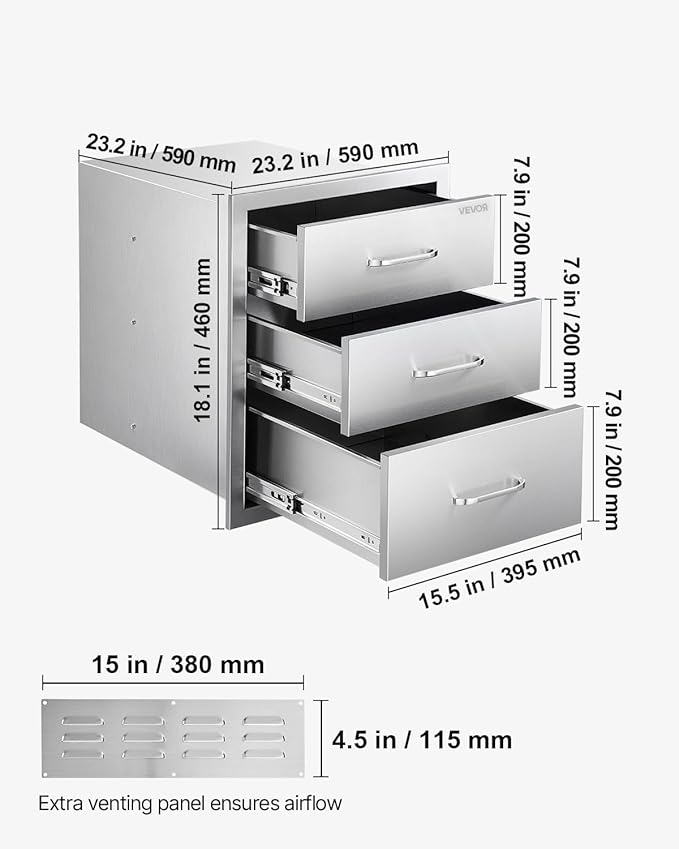 VEVOR Outdoor Kitchen Drawers 18.11" W x 23.23" D x 23.23" H, Triple-Access Stainless Steel BBQ Drawers with Handles, BBQ Island Drawer for Outdoor Kitchens or Barbeque Island Patio Grill Station