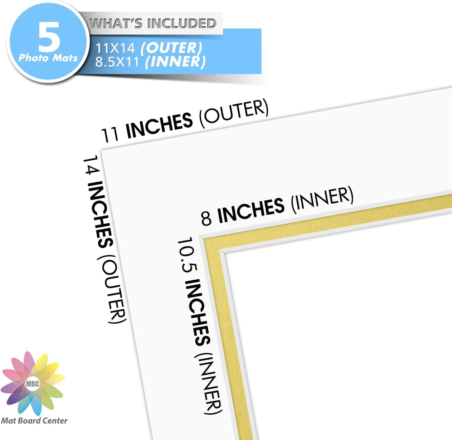 Mat Board Center, Double Mat - Acid Free, 8-ply Thickness, White Core - for Pictures, Photos, Framing (Off White Over Gold, 11x14 for 8.5x11, Pack of 5)
