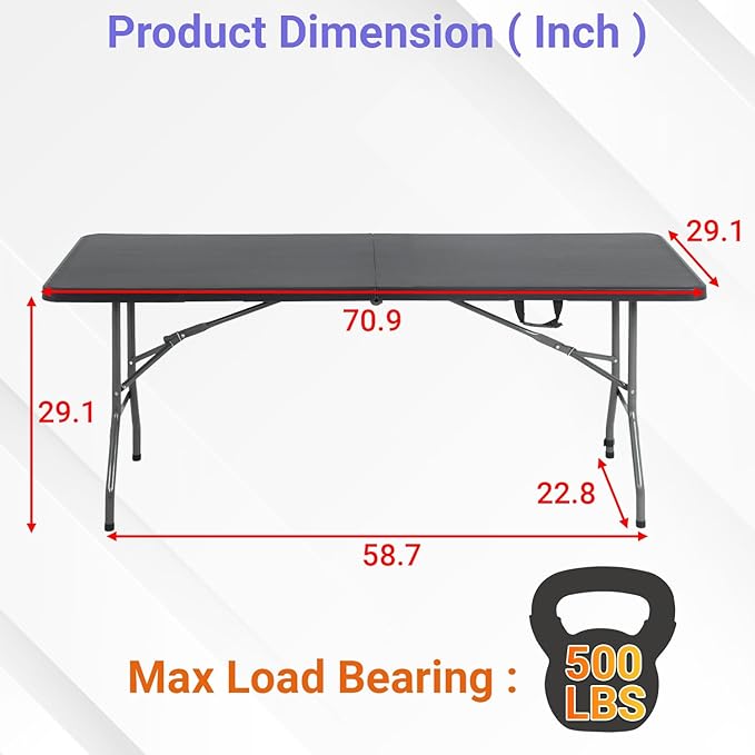 FDW 6FT Folding Table, Portable Fold-in-Half Plastic Picnic Party Table with Carrying Handle （Black, 6FT）