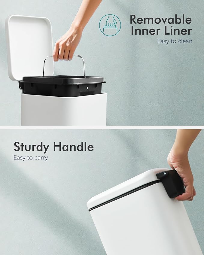 8 Gallon Trash Can with Lid, White Kitchen Trash Can with Soft Close, InnerBucket & Steel Pedal, Stainless Steel Garbage Can for Kitchen, Laundry Room, Office, Bathroom, Dorm, 30 Liters