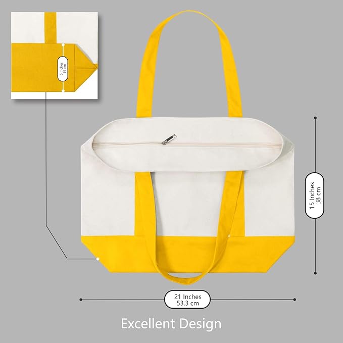 TOPDesign 1-Pack Canvas Tote Bag with an External Pocket, Reusable Grocery Shopping Bag, Top Zipper Closure, Daily Essentials (Yellow/Natural)
