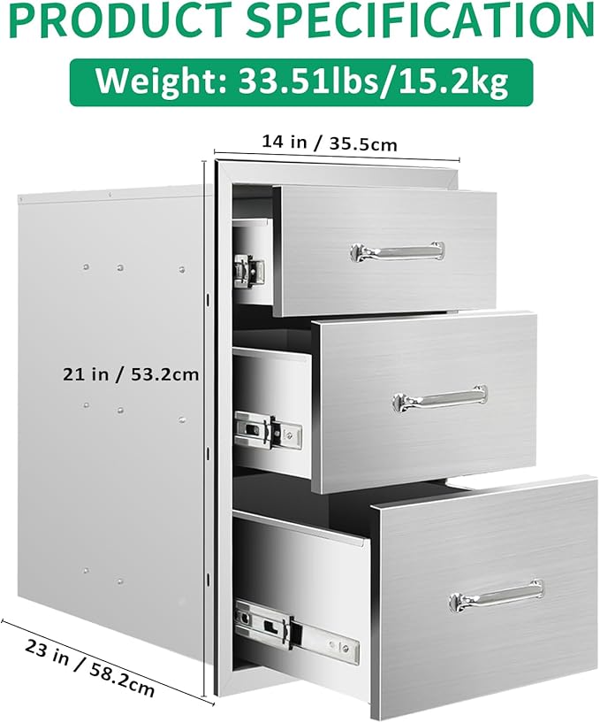 Outdoor Kitchen Drawers 14" W x 21" H x 23" D Stainless Steel Triple Drawers with Ergonomic Handle for BBQ Island, Patio Grill Station & Outdoor Kitchen Cabinets