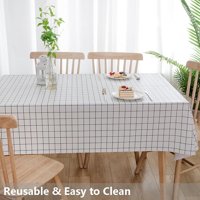 TruDelve Heavy Duty Vinyl Table Cloth Plastic Tablecloths for Kitchen Dining Tables Wipeable PVC Waterproof Tablecloth for Rectangle Table (54'' x 72', White Plaid)