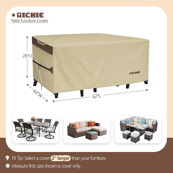 Outdoor Patio Furniture Cover - Heavy Duty Waterproof 600D Tough Canvas Protector for Rectangular Table Cover, All-Season Dining Table and Chair Covers (62L x 44W x 28H Inch)