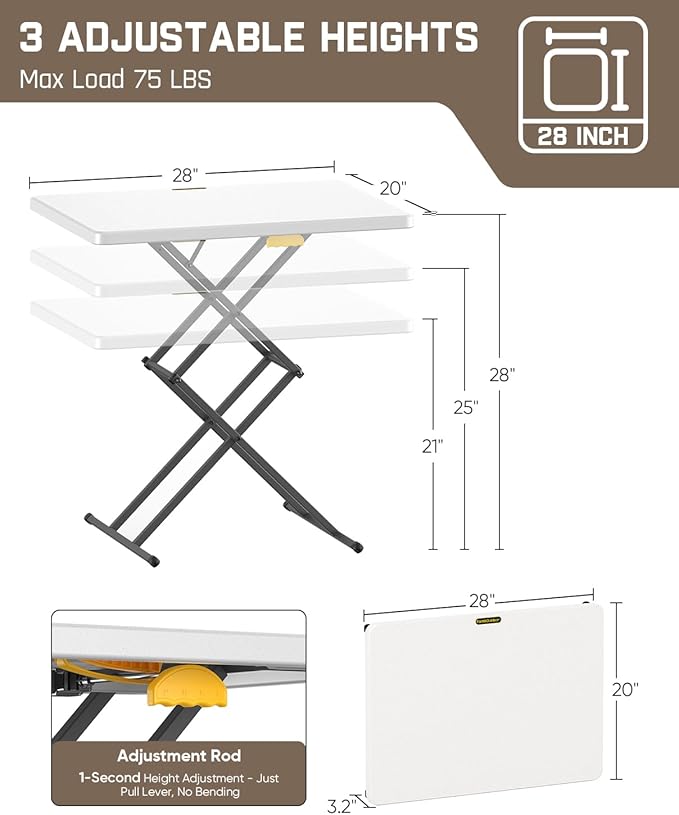 FanttikOutdoor 28 inch Small Folding Table, One-Hand Height Adjustment, 3 Heights, Lowering Lever, Instalift, Portable Side Table for Tv Tray, Dining, Kitchen, No Assembly, Granite White Zeta X1 Apex