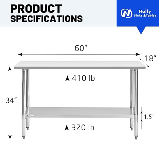 Hally Stainless Steel Table for Prep & Work 18 x 60 Inches, NSF Commercial Heavy Duty Table with Undershelf and Galvanized Legs for Restaurant, Home and Hotel