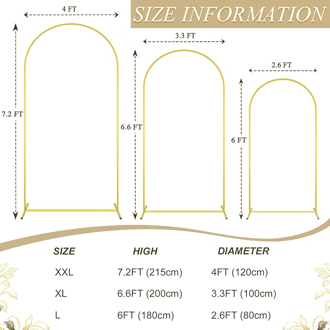 MODFUNS Metal Arch Stand Gold Wedding Arch Frame Set of 3 Balloon Arched Stands 6ft 6.6ft 7.2ft Backdrop Stands for Parties Vintage Backdrop Frame for Birthday Garden Wedding Decoration
