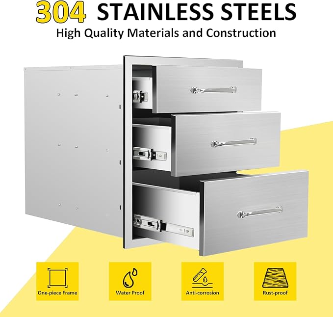 Outdoor Kitchen Drawers 18" W x 21" H x 23" D Flush Mount Triple BBQ Drawers with Chrome Handle Stainless Steel Drawer for Outdoor Kitchen Island, Patio Grill Station