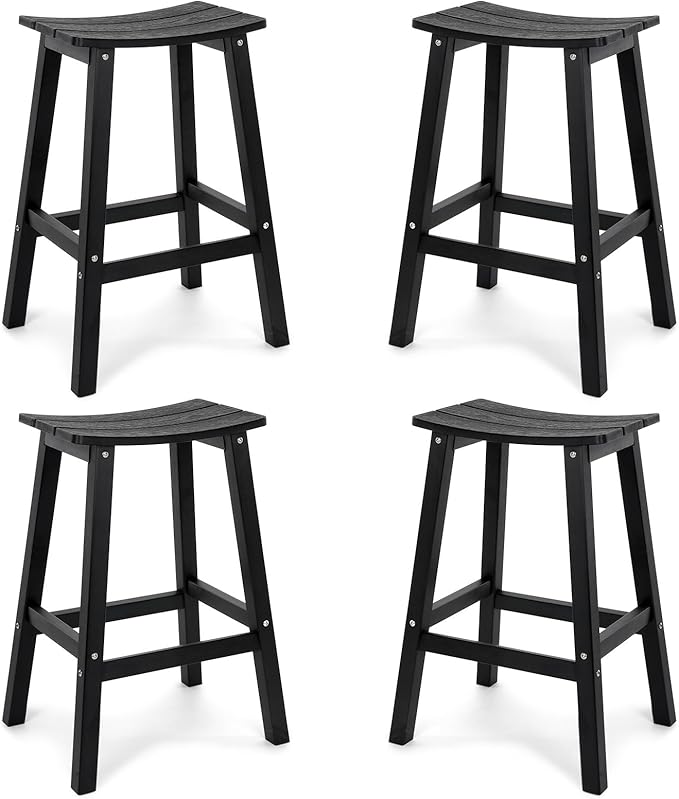 Weatherproof Bar Stools Set of 4, 28" Height Outdoor Bar Stools Holds up to 400 lbs, Saddle Seat, Bar Height Stools for Patio, Garden, and Kitchen Island, Black