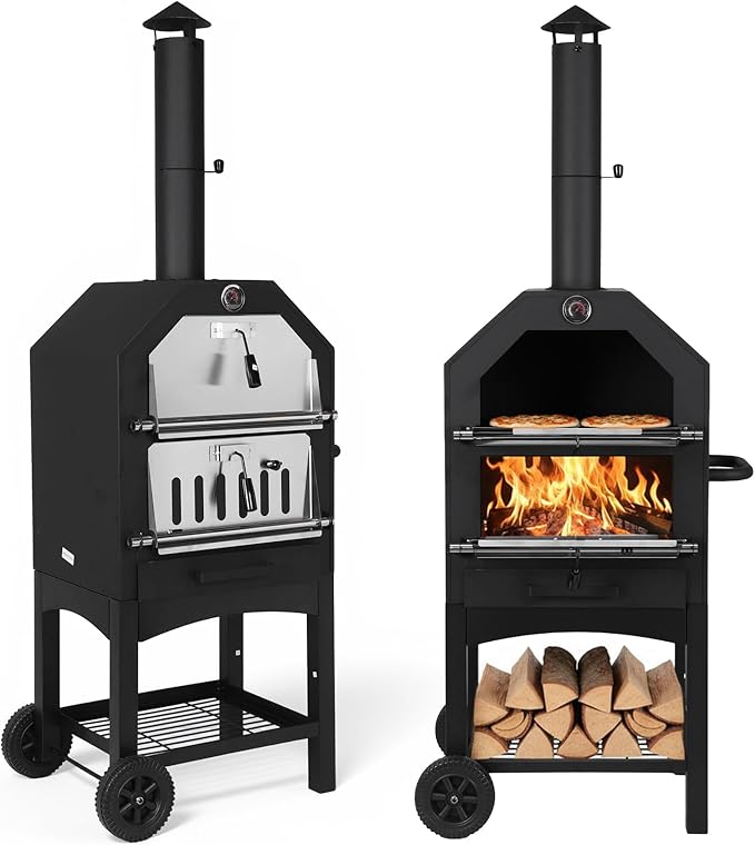 2-Tier Freestanding Charcoal Pizza Oven Stone and Shovel Large Wood Fired Pizza Oven for Backyard Camping Tailgating