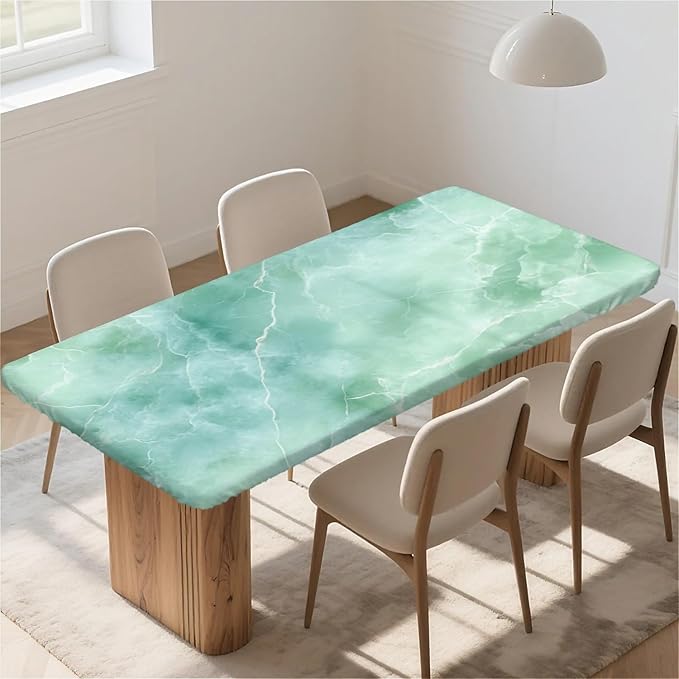 Rectangle Table Cloth Cover Waterproof Elastic Fitted Polyester Fitted Tablecloths for 4 Foot Tables for Indoor,Picnic, Camping, Outdoor （48" x 30"，Green Marble）