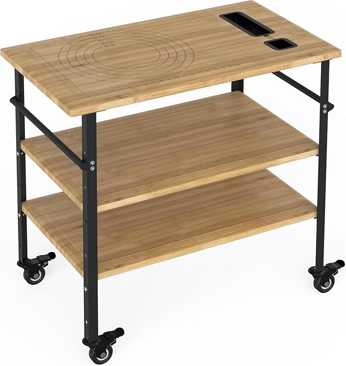 DEXSO 38x20x6.5in Bamboo Pizza Oven Table - 3-Shelf Outdoor Grill Cart with 4 Wheels, Wood Color Food Prep & BBQ Dining Table