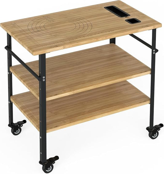 DEXSO 38x20x6.5in Bamboo Pizza Oven Table - 3-Shelf Outdoor Grill Cart with 4 Wheels, Wood Color Food Prep & BBQ Dining Table