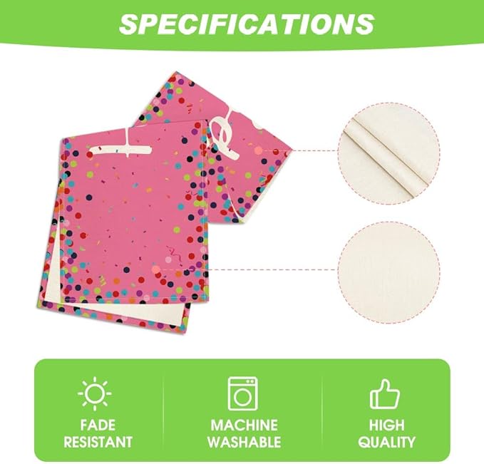 Artoid Mode Polka Dot Pink Happy Birthday Table Runner, Seasonal Kitchen Dining Table Decoration for Home Party Decor 13x72 Inch