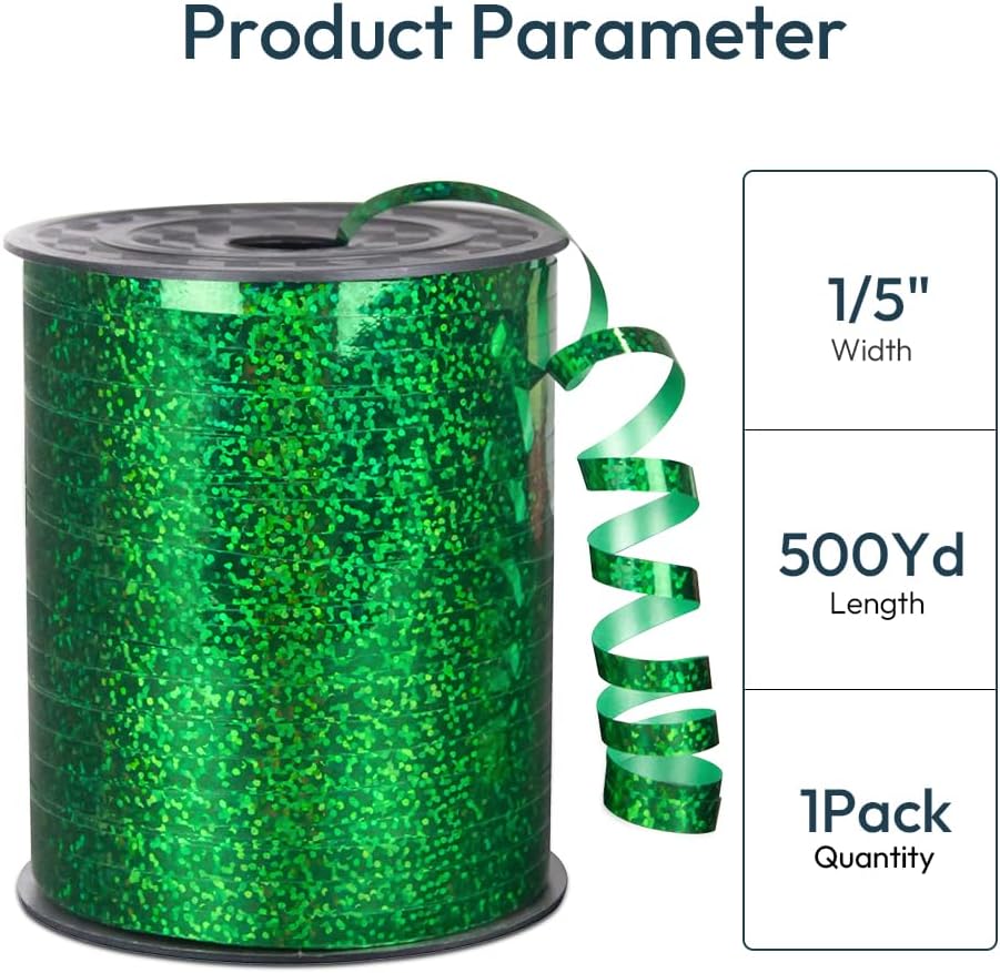 KMER LIFE Premium Green Shiny Curling Shiny Ribbon, 1/5" Wide x 500 Yards Christmas Curling Ribbons for Gift Wrapping, Party Decoration, Balloon String, Ribbons for Florist Flower (1 Roll)