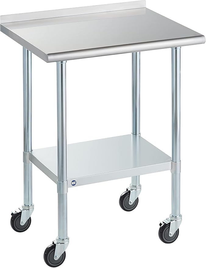 Stainless Steel Table for Prep & Work with Backsplash & Caster 24x30 Inches, NSF Commercial Kitchen Heavy Duty Table with Adjustable Under Shelf for Restaurant, Home and Hotel