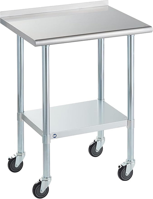 Stainless Steel Table for Prep & Work with Backsplash & Caster 24x30 Inches, NSF Commercial Kitchen Heavy Duty Table with Adjustable Under Shelf for Restaurant, Home and Hotel