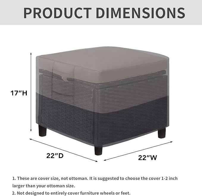 Easy-Going Outdoor Ottoman Cover, Waterproof Patio Ottoman Cover, Heavy Duty Outdoor Furniture Cover with Padded Handles (22"x22"x17", Gray/Dark Gray)