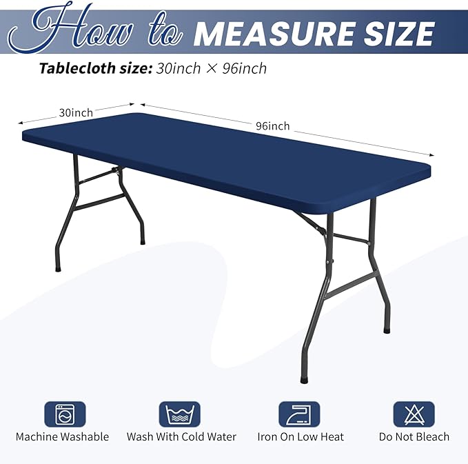 10 Pack Stretch Fabric Table Top Cap Cover, fits 8Ft Tables, Spandex Table Covers Washable Elastic Universal Rectangle Tablecloth Protector for Outdoor Party Picnic Wedding, Navy Blue, 30" W x 96" L