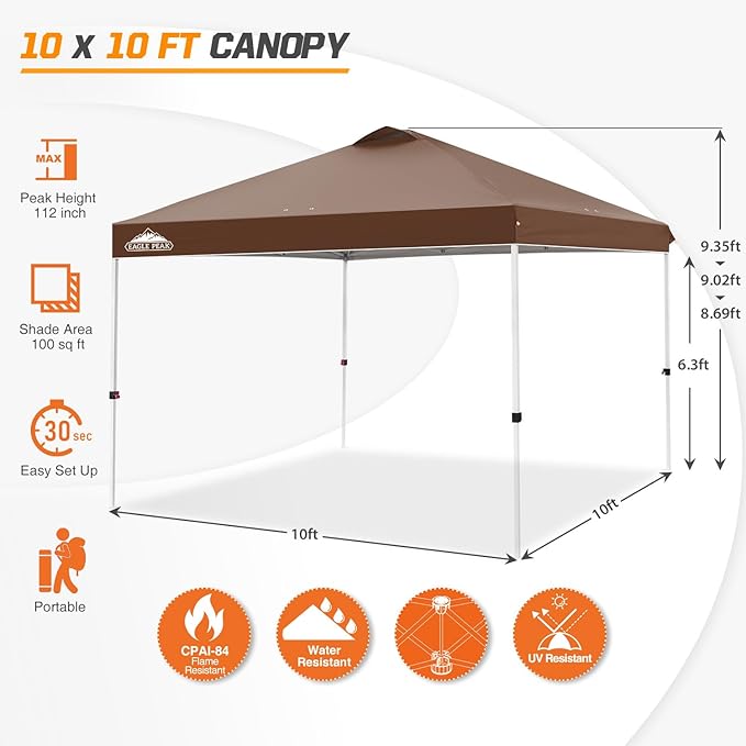 EAGLE PEAK Pop Up Canopy Tent with Wheeled Carry Bag, 8 Stakes, 4 Ropes, 4 Weight Bags, Easy Set Up Tent Canopy, 10x10 ft, 100sqft of Shade, Dark Brown
