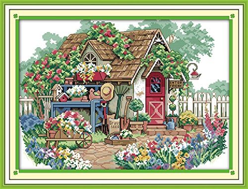 Stitchmelody 14CT Counted Cross Stitch Kits for Adults,DMC Threads Unprinted Pattern Embroidery Kit Needlework-Flower Cabin 17.3''×13''