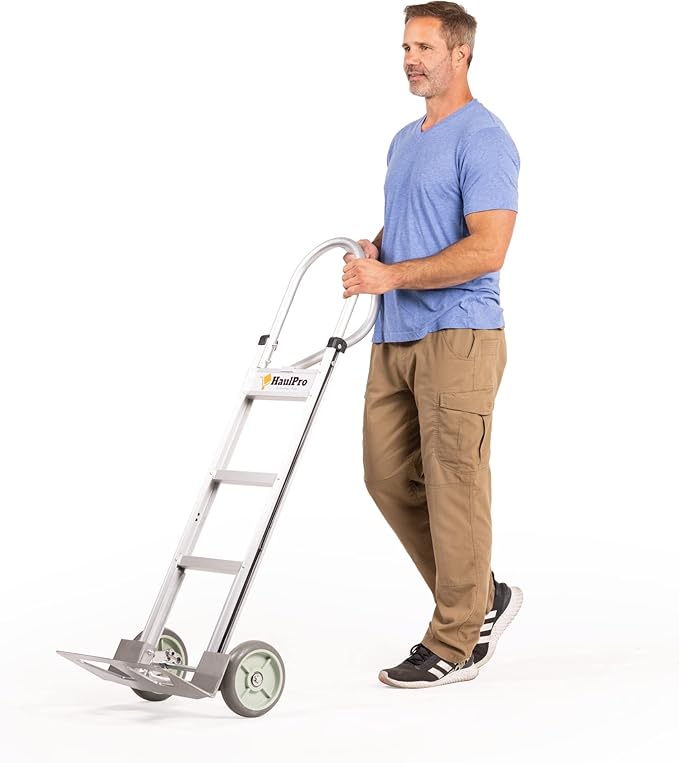 HaulPro Heavy Duty Hand Truck with Vertical Loop Handle - Aluminum Carts with Wheels - 500 Pound Capacity - 8" Wheels 52.25" H x 17.5" W with 17.75" x 9.5" Diecast Nose Plate