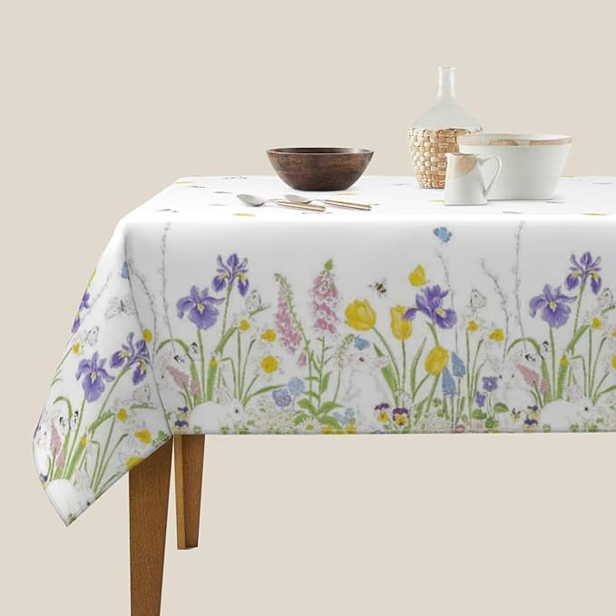 Spring Easter Tablecloth 60 x 60 Inch Square, Bunny Colorful Flower Butterfly Decorative Tablecloths Stain Resistance Polyester Rabbit Floral Table Cloth for Holiday Parties Kitchen Dining