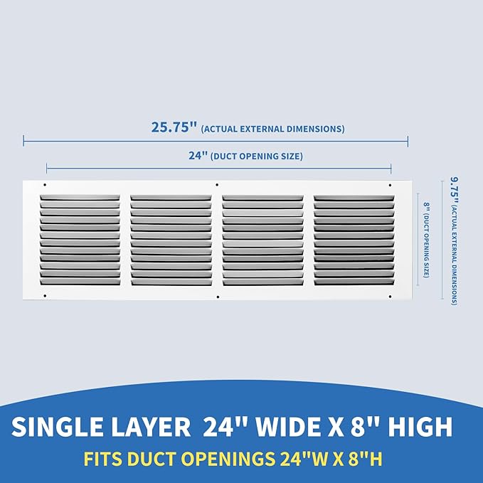 24x8 Return Air Grille (Duct Opening Size), Air Return Vent Cover, AC Vent Cover, Cold Air Return Vent Cover, Flat Return Air Grilles, Outer Dimensions:25.75"W x 9.75"H (24"Wx8"H, Duct Opening)