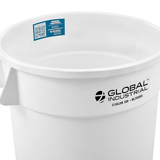 Global Industrial Commercial Round Trash Can, 32 Gallon Capacity, Plastic Garbage Can, Indoor and Outdoor Utility Trash Can, White, 21-3/4"W x 27-1/2"H, No Lid
