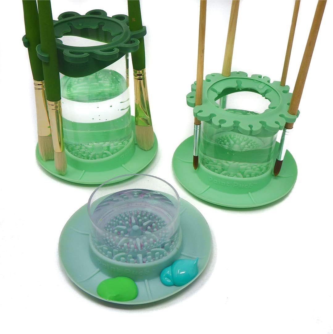 Paint Puck Ultimate Rinse Cup Paint Brush Cleaner (Green, Mug) – Non-Spill Paint Water Cup & Brush Cleaner with Brush Holder, Squeegee Lips & Drip Tray for Acrylic, Watercolor & Art Supplies