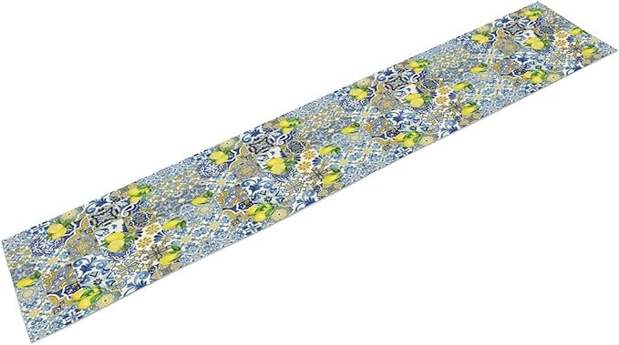 Farmhouse Rustic Lemon Table Runner,Vintage Morocco Blue Tiles Mediterranean Summer Fruit Print Table Runner for Kitchen Dining Table Home Party Decor 13x120in