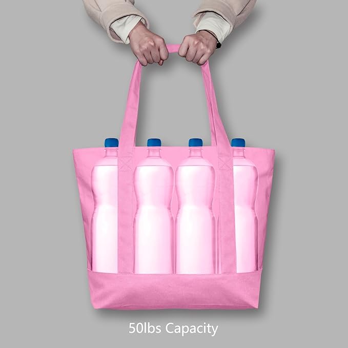 TOPDesign 1-Pack Canvas Tote Bag with an External Pocket, Reusable Grocery Shopping Bag, Top Zipper Closure, Daily Essentials (Pink)